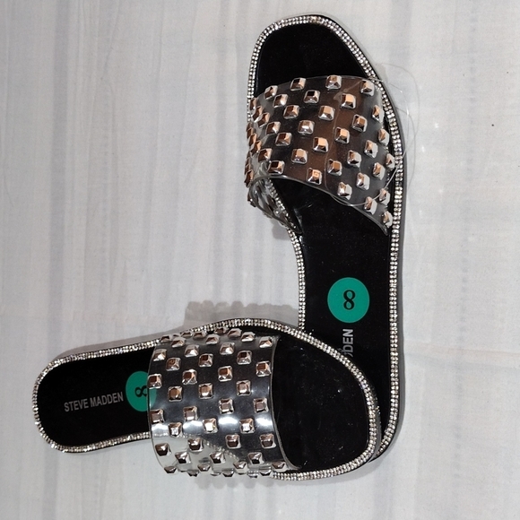 Steve MADDEN SZ 8 SLIDES FLATS SLIP ON DRESS SHOES SILVER GLITTER ACCENTS NWT - Picture 4 of 9